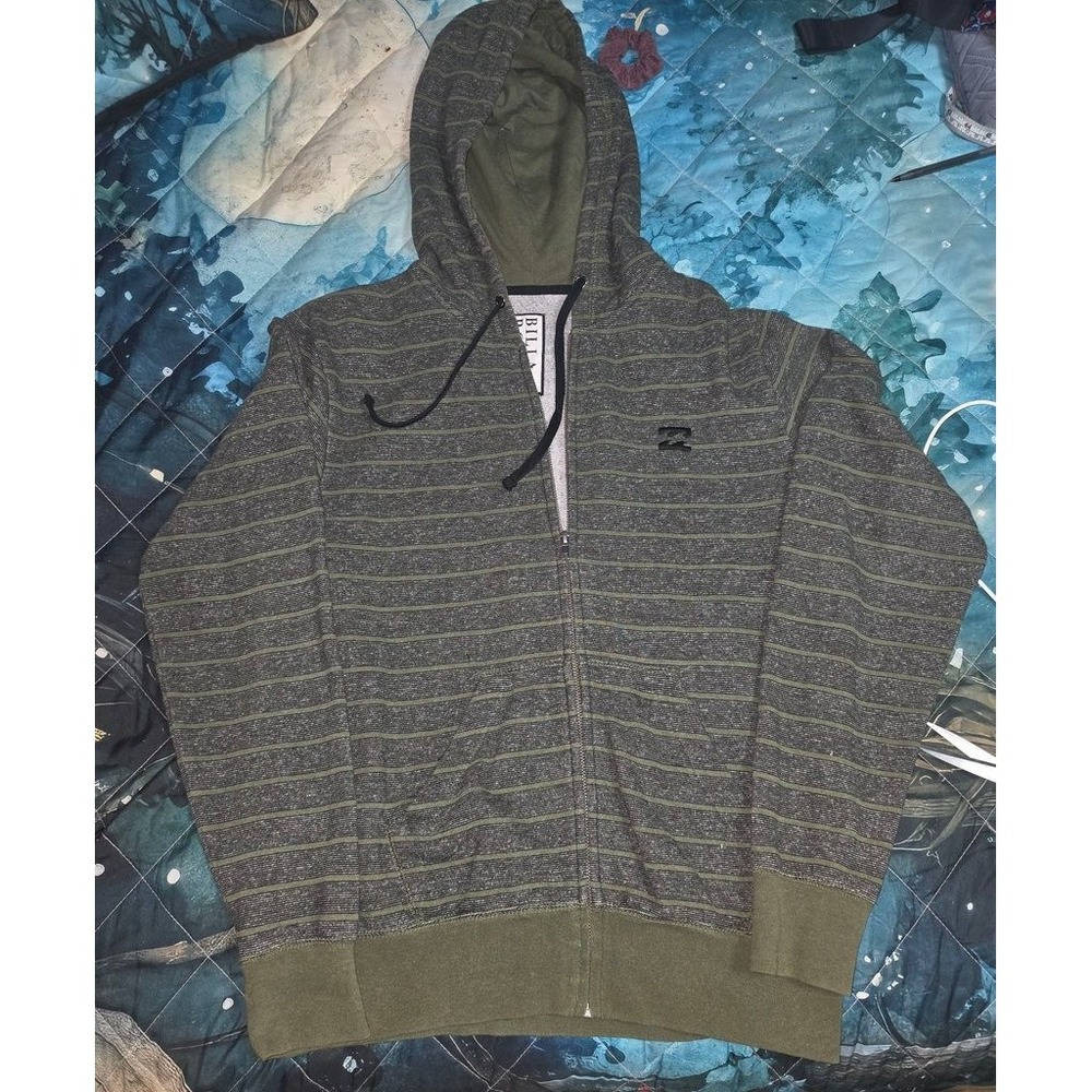 Billabong Striped Zip-Up Hoodie Green Grey Small Casual Sweatshirt